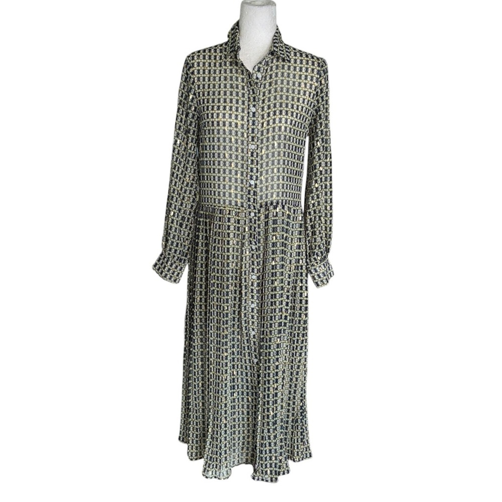 The Shirt Rochelle Behrens Navy Blue Metallic Gold Geometric Midi Shirt Dress XS